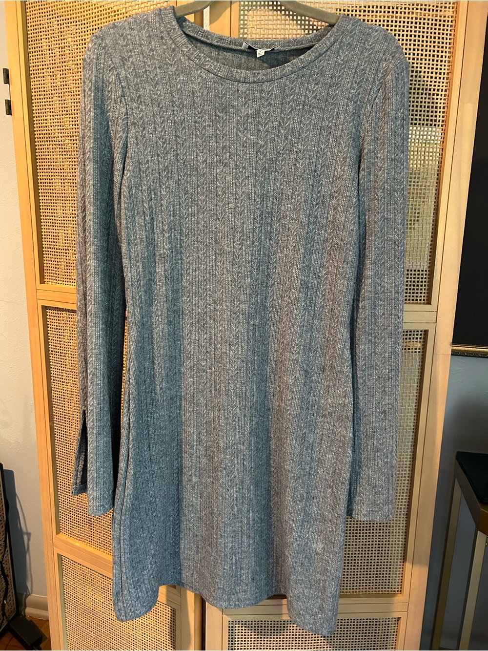NSR Gray Ribbed Knit Long Sleeve Sweater Dress Large Soft Stretch Mini Dress